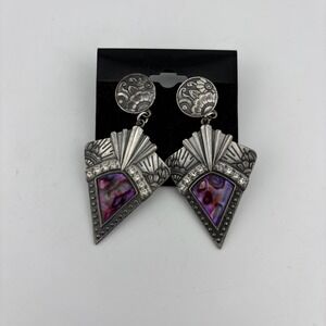 Duri Drop Earrings Silver Tone Purple Vintage Art Deco Abalone Geometric